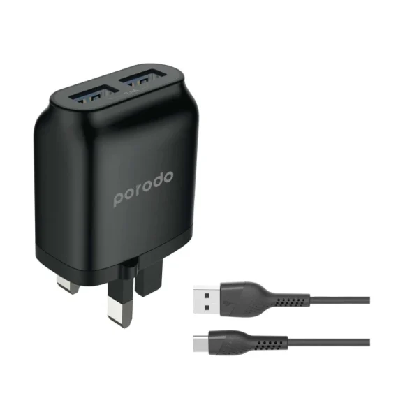 Porodo Dual Output Wall Charger (USB + Type-C) with USB to Lightning Cable
