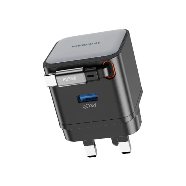 Powerology Dual Output Retractable GaN Charger PD 35W